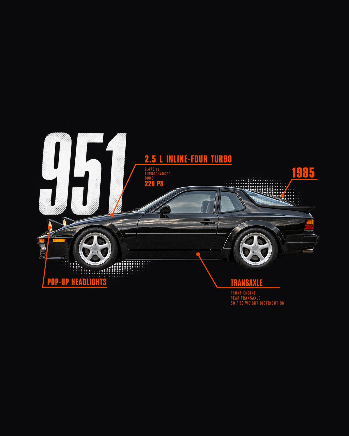 Porsche 944 Turbo 951 Spec Poster Shirt, Pop-Up Lights design only