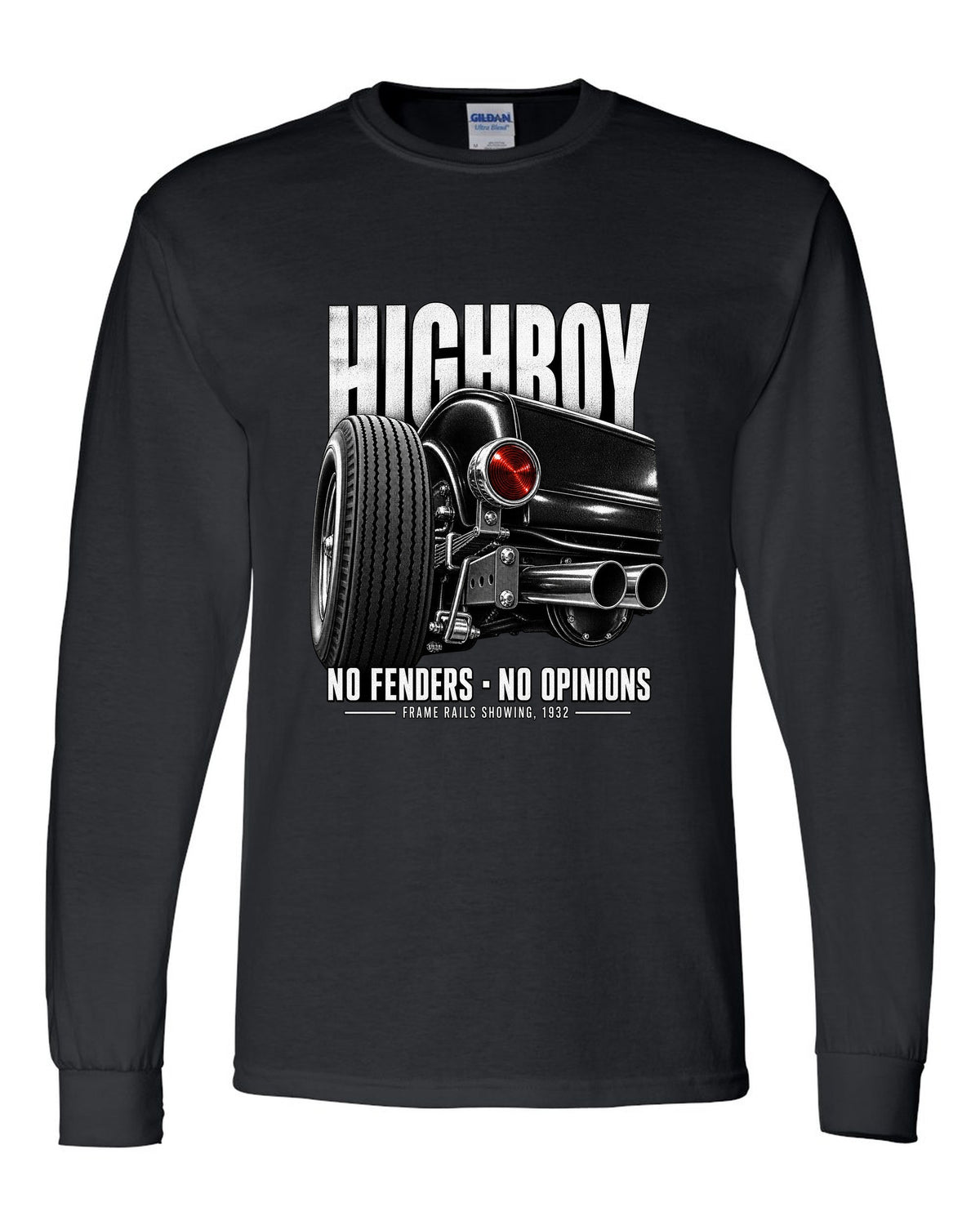 Rear taillight detail print of a 1932 Ford Deuce highboy roadster black long sleeve front view with the design