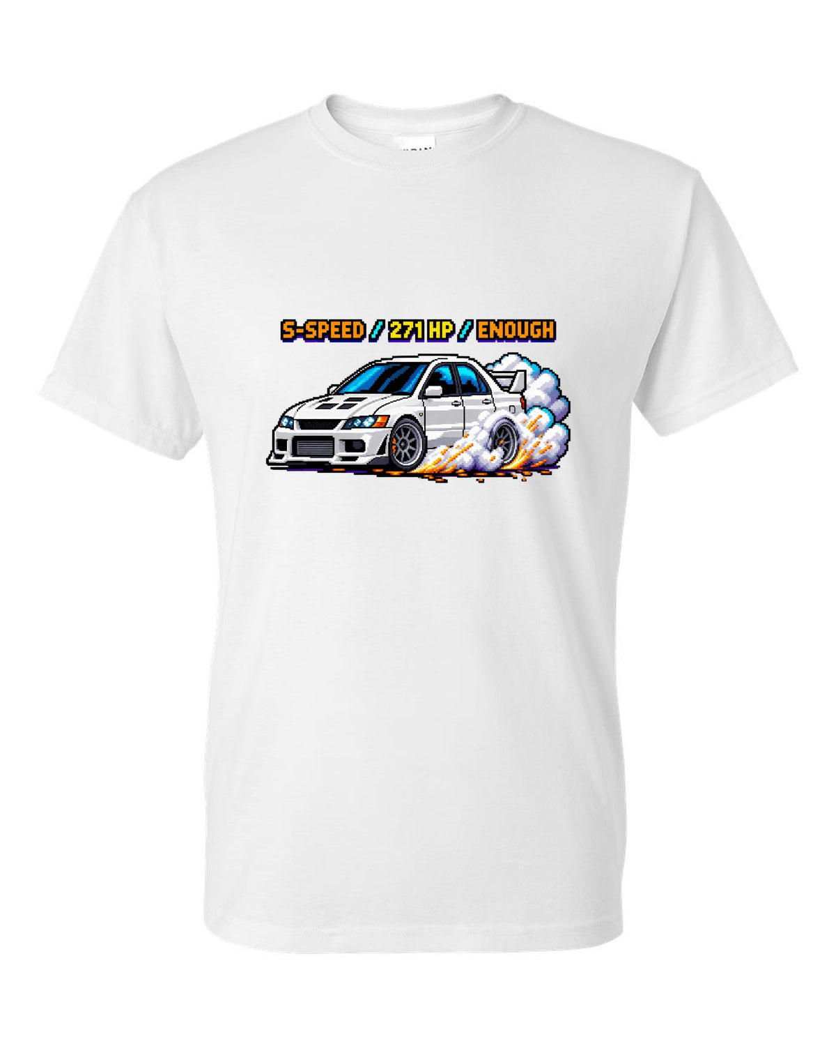 8-bit pixel art Mitsubishi Lancer Evolution VIII CT9A with launch control stats white t-shirt front view with the design