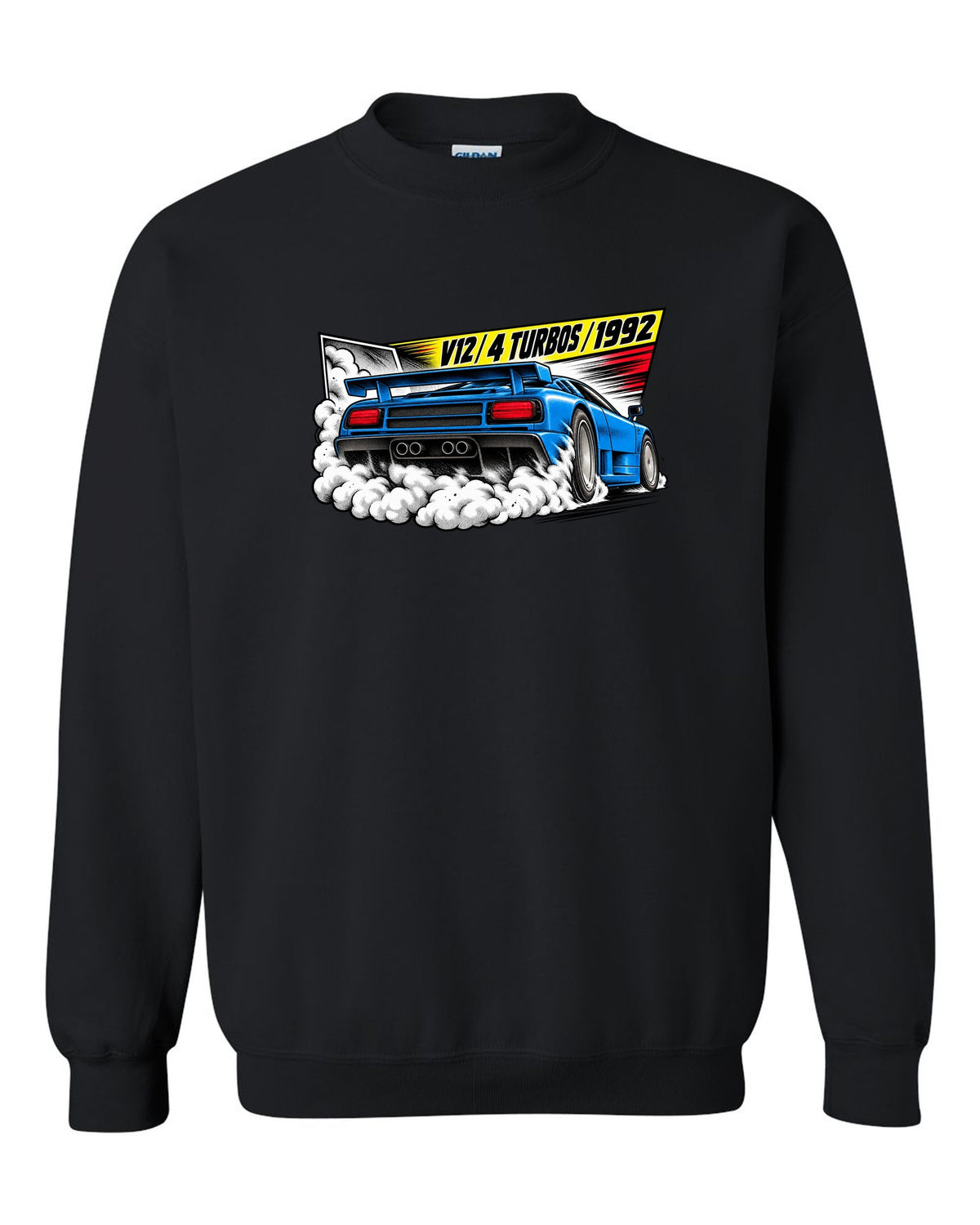 Retro manga halftone panel of a Bugatti EB110 SS burnout with V12 4 TURBOS 1992 lettering black crewneck front view with the design