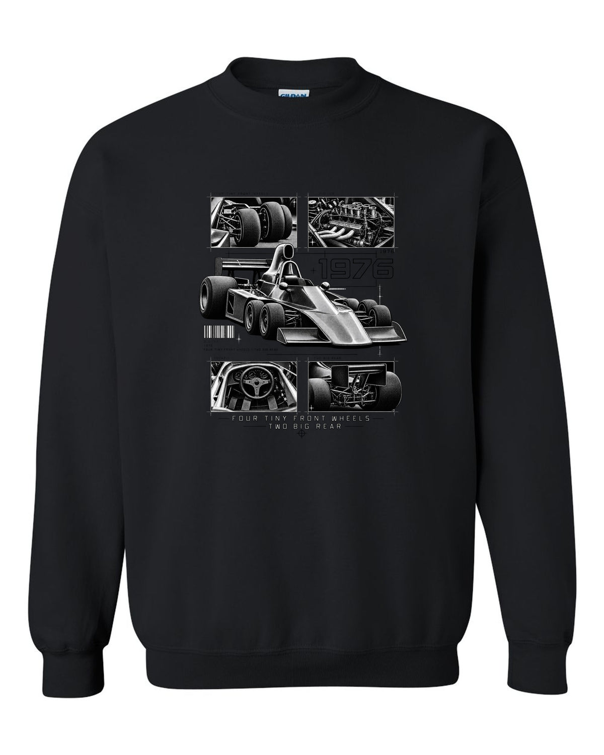 Tyrrell P34 six-wheel F1 car dossier panel print black crewneck front view with the design
