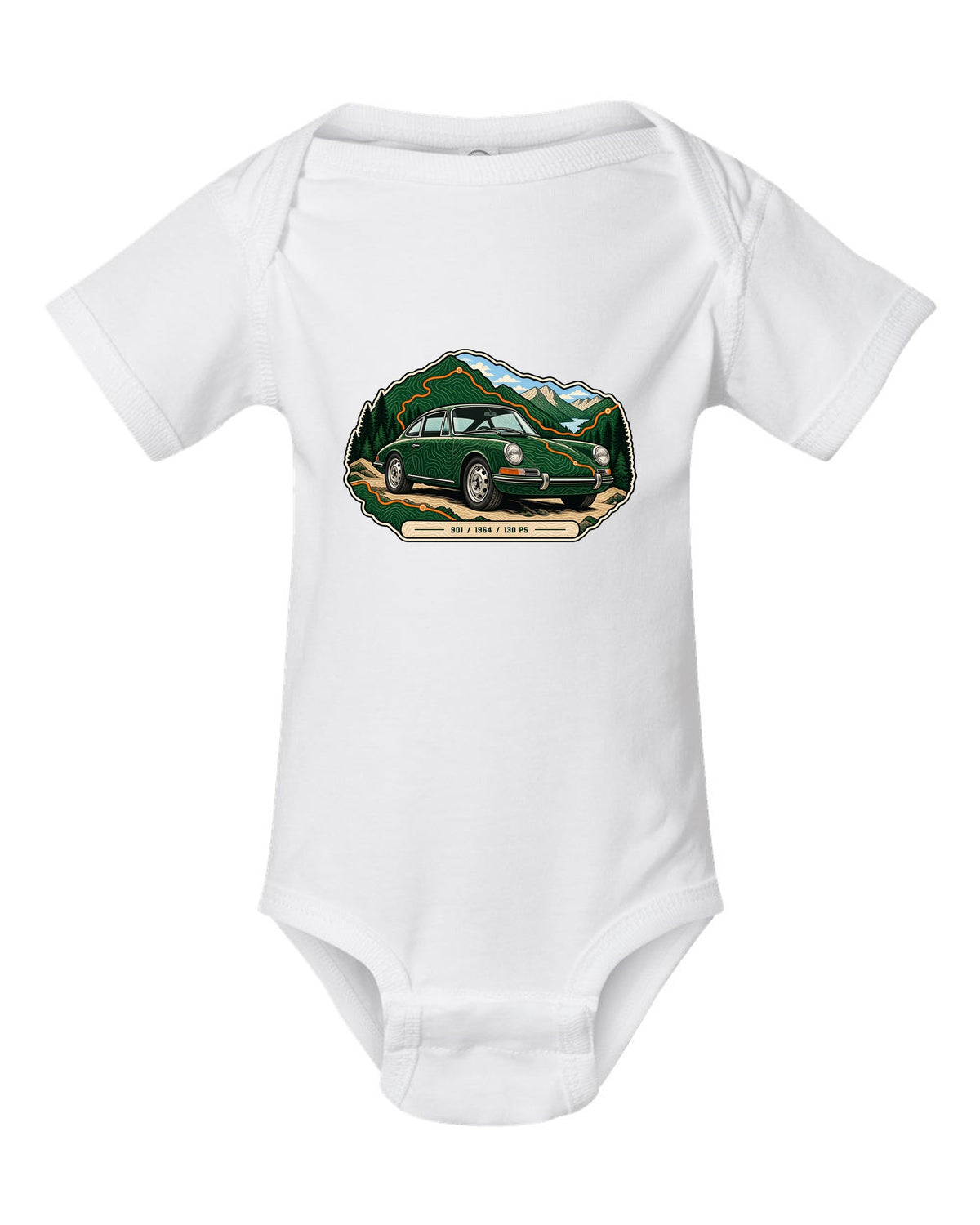 Porsche 993 RS engine bay data plate spec sheet design with 3.8 and 300 PS text white baby onesie front view with the design