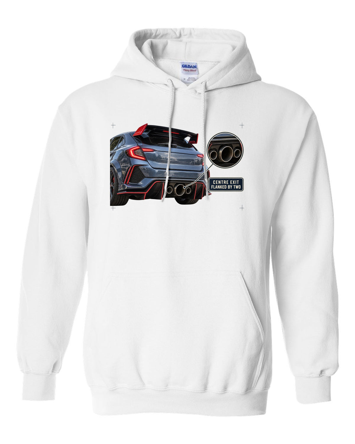 print rear close-up of a Honda Civic Type R FK8 with triple exhaust outlets white pull over hoodie front view with the design