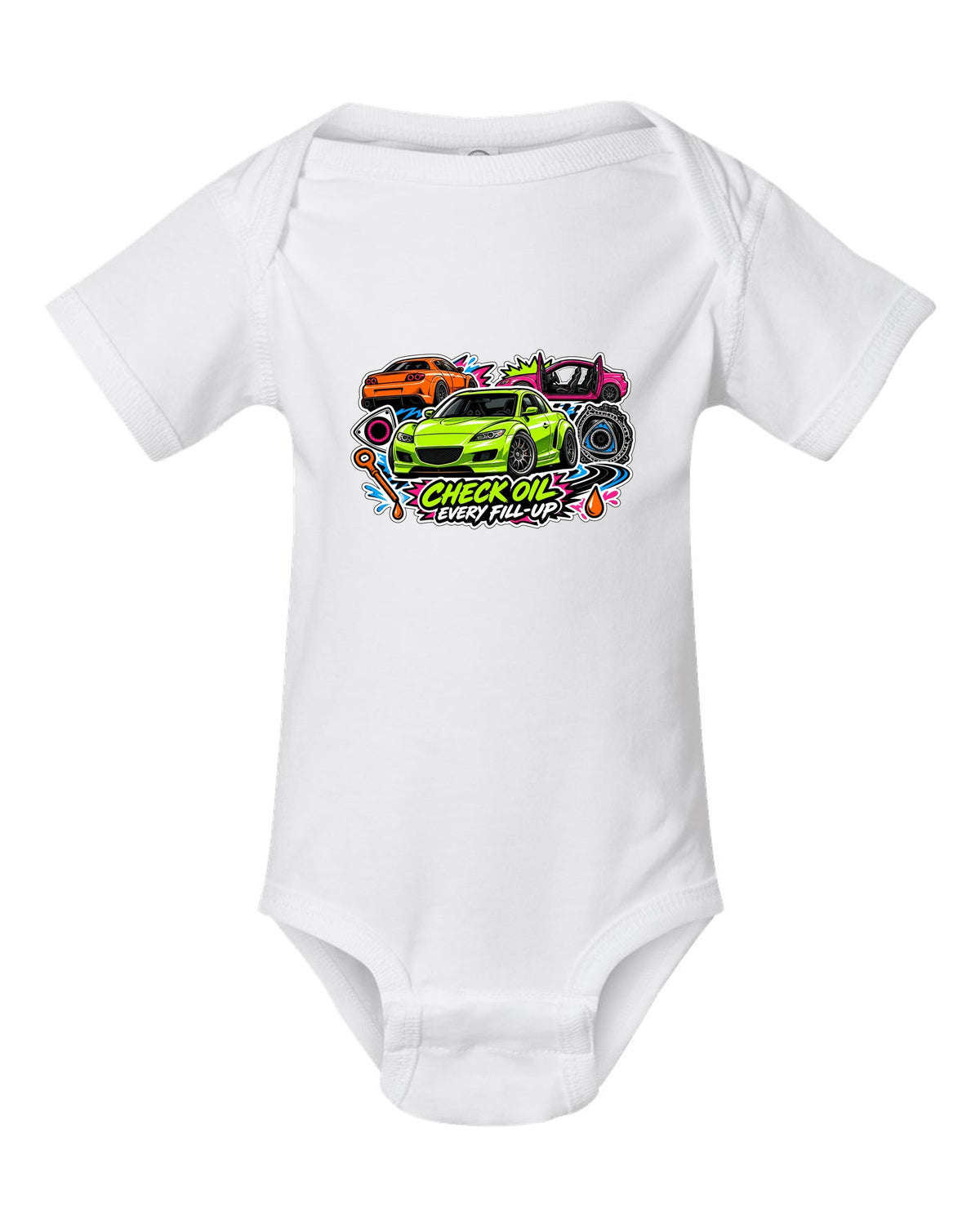 Retro synthwave sunset grid design for the Mazda RX-8 Renesis with 15 MPG ON A GOOD DAY lettering white baby onesie front view with the design