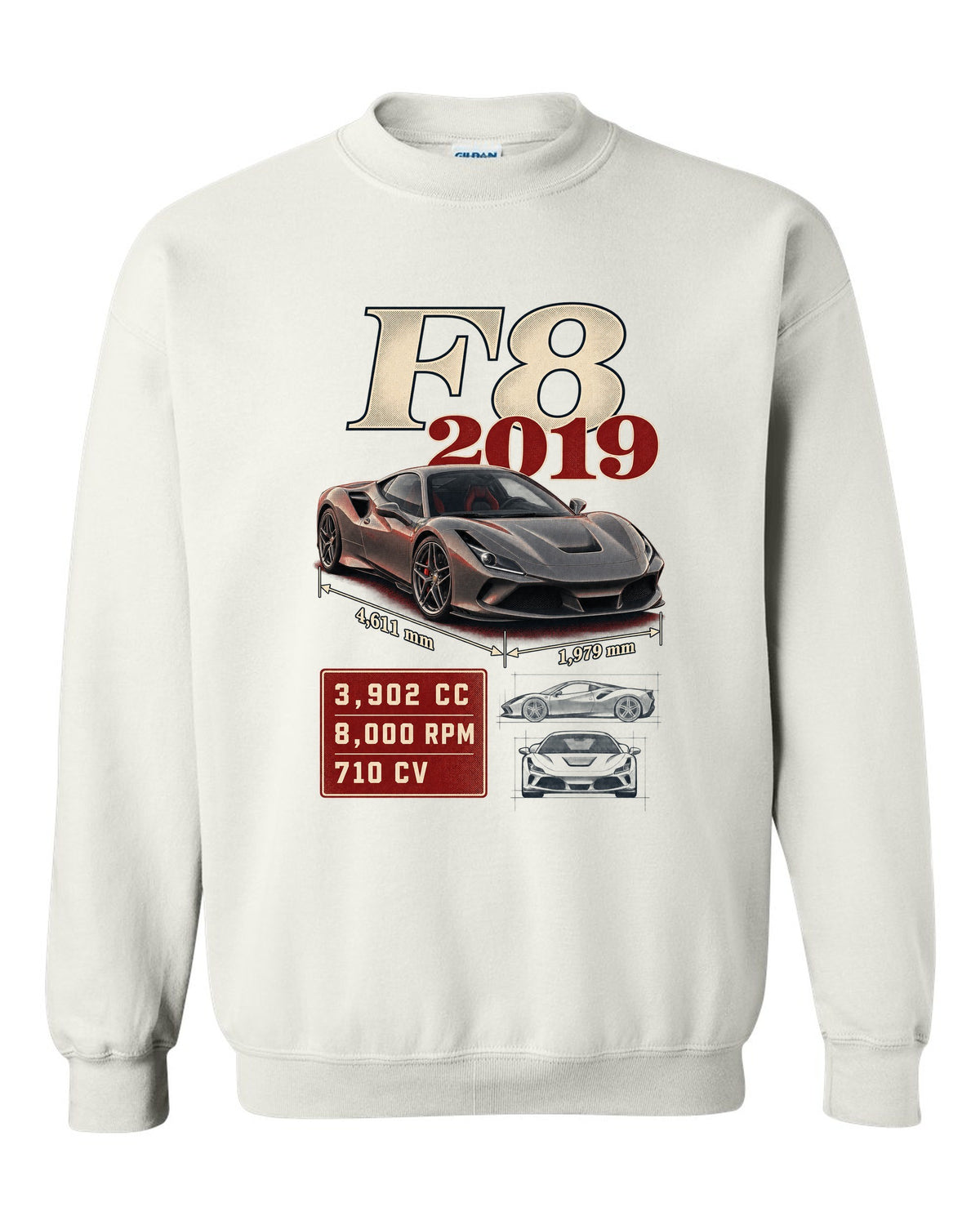 Ferrari F8 Tributo archive panel print listing 3,902 cc, 8,000 rpm, 710 CV white crewneck front view with the design