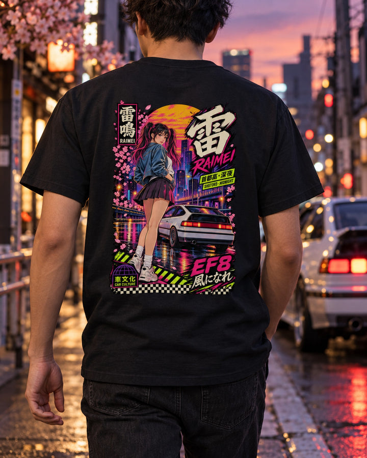 RAIMEI EF8 Anime Girl Full-Back Graphic Tee T-Shirt Black worn hero