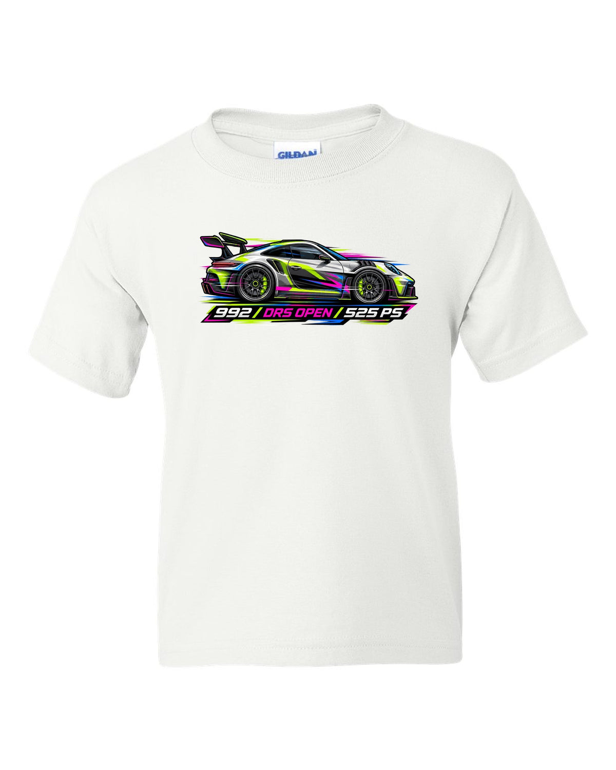 Cyberpunk neon vector artwork of a Porsche 911 GT3 RS 992 with DRS open white kids tee front view with the design