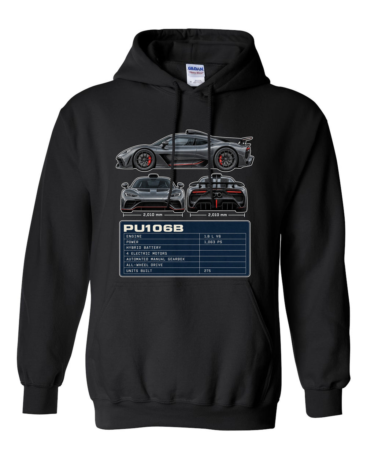 Mercedes-AMG One three-view drawing with PU106B spec table black pull over hoodie front view with the design