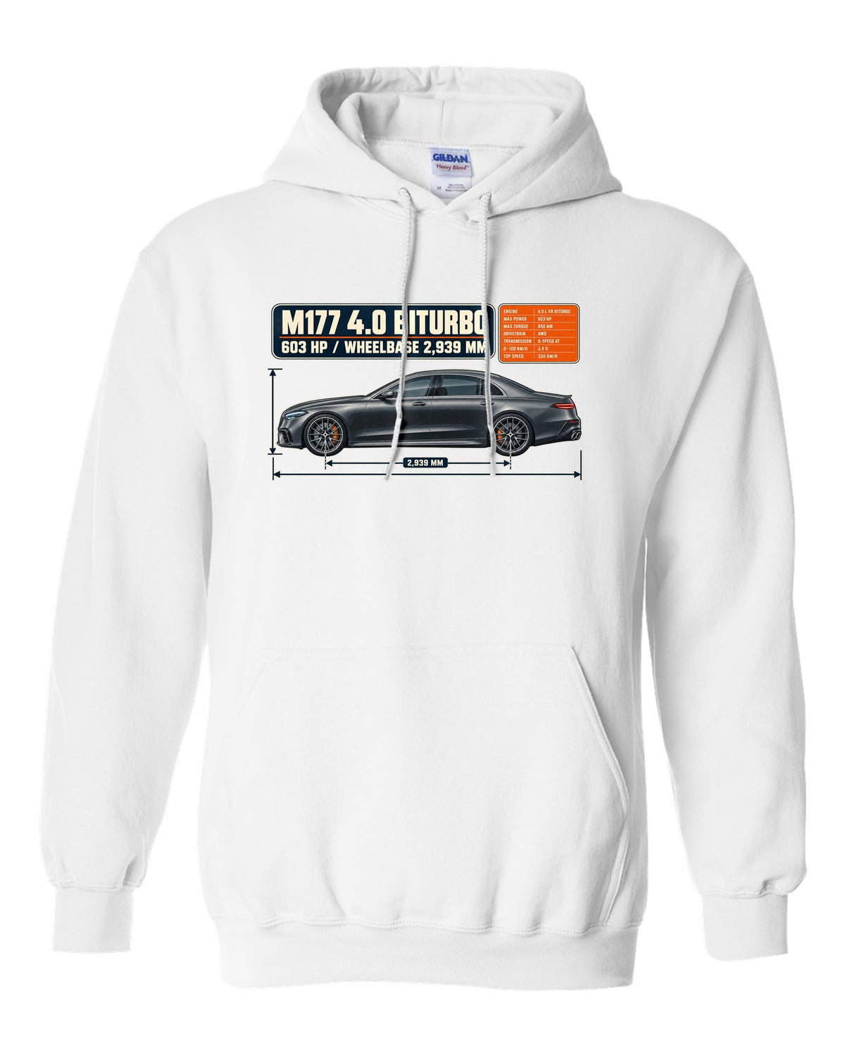 Dimension blueprint print of a graphite grey Mercedes-AMG E63 S W213 sedan white pull over hoodie front view with the design