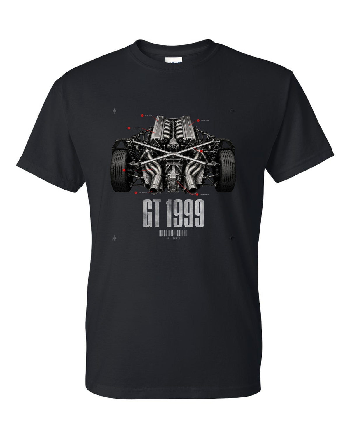 Engine hero print of a Lamborghini Diablo GT 6.0 V12 with 80 built text black t-shirt front view with the design