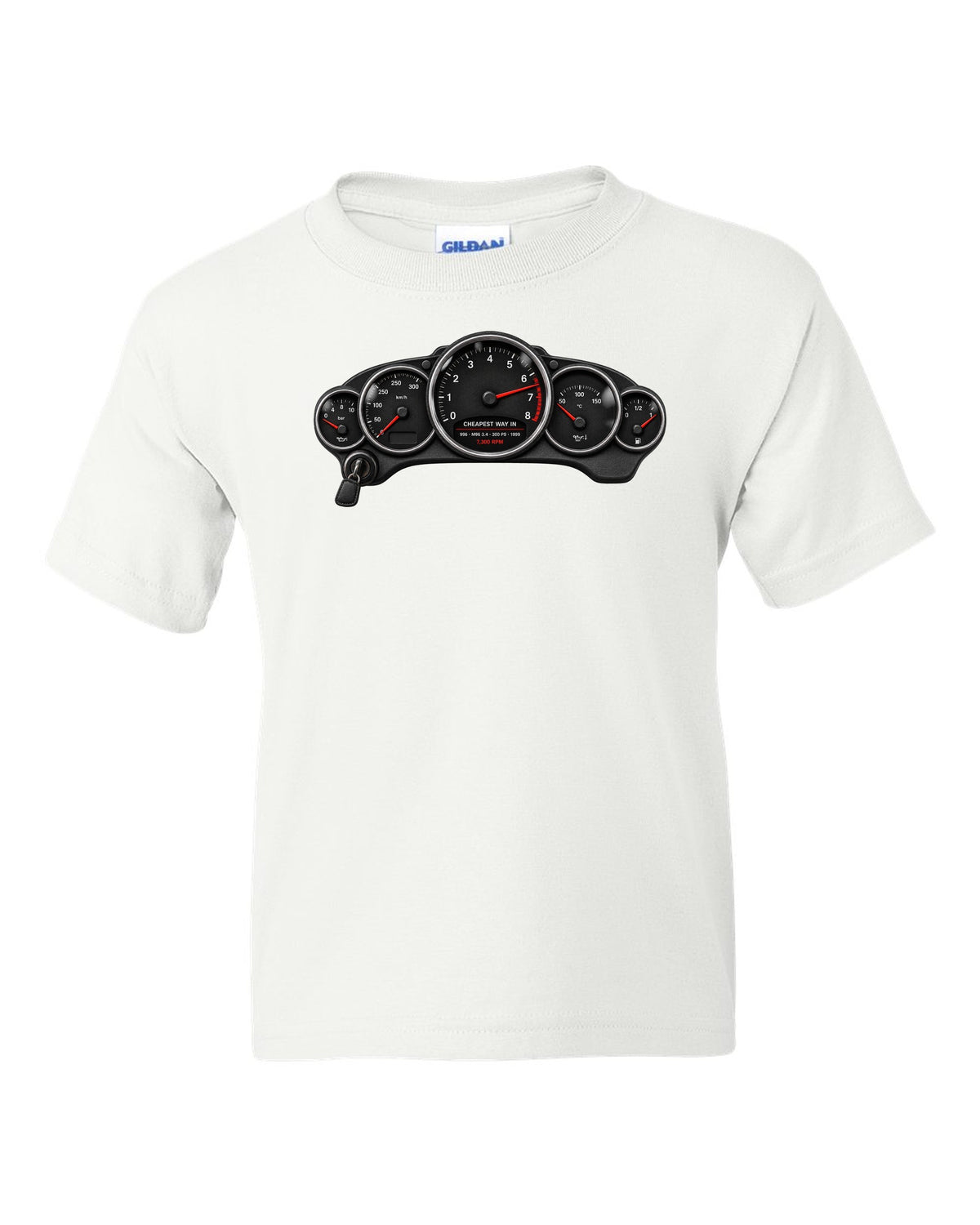 Cockpit gauge print of a Porsche 911 Carrera (996) with the caption Cheapest Way In and 7,300 rpm white kids tee front view with the design