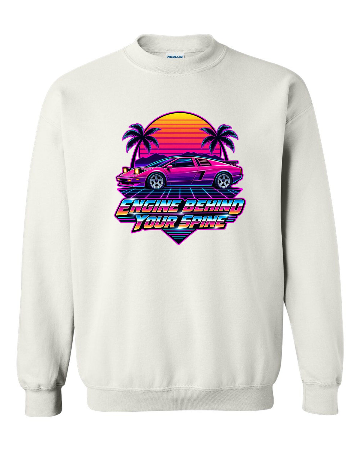 Synthwave sunset grid with a Toyota MR2 AW11 driving toward the horizon white crewneck front view with the design