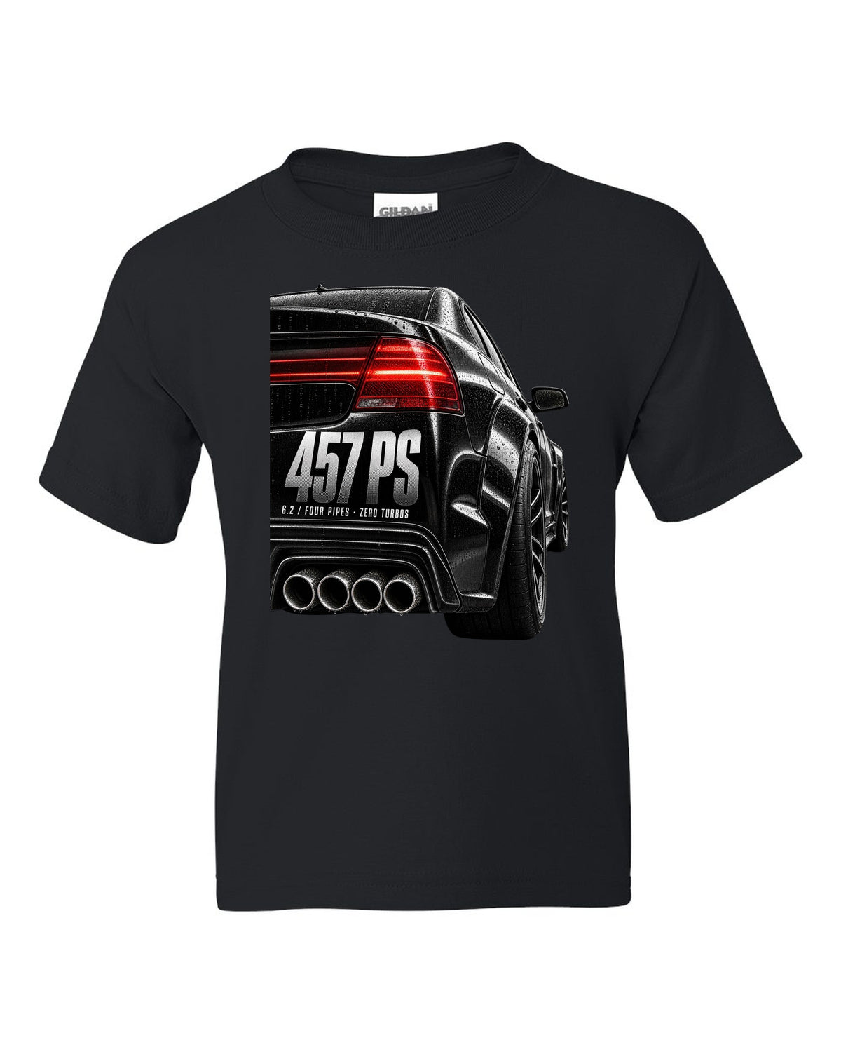 print taillight close-up of a Mercedes W204 C63 sedan with text 457 PS, 6.2, four pipes, zero turbos black kids tee front view with the design