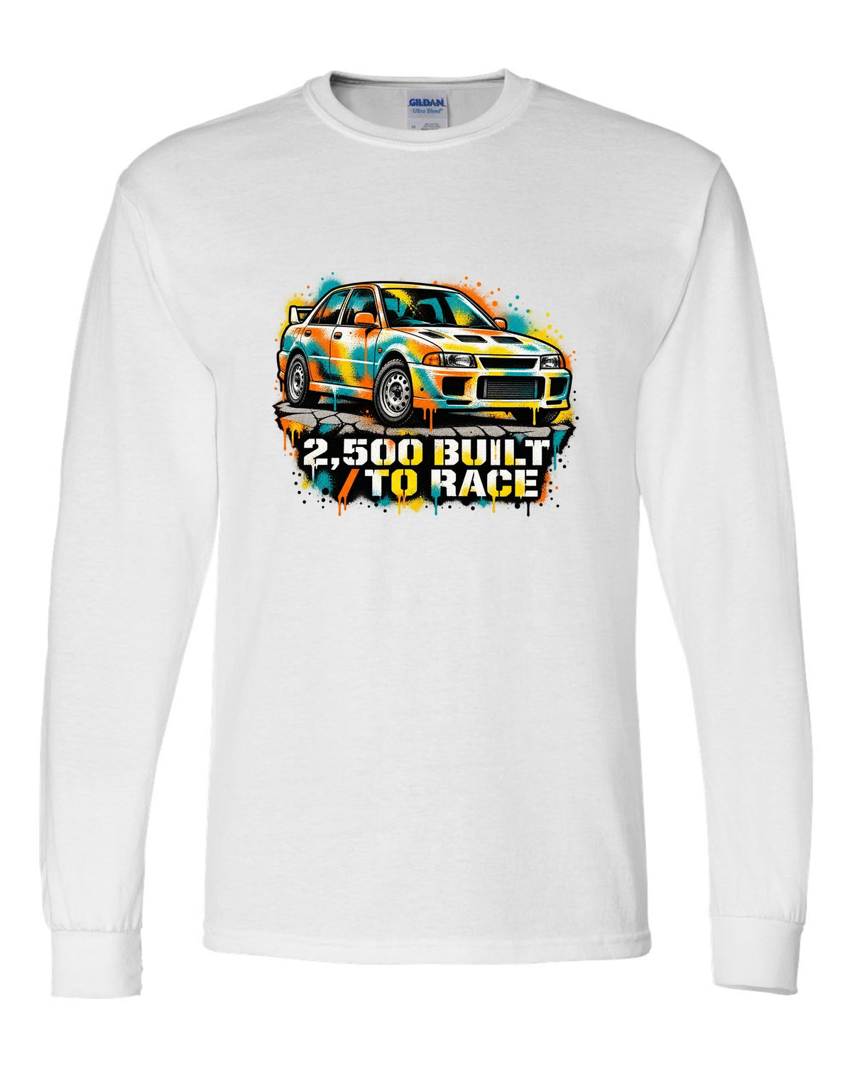 Spray-paint stencil of a Mitsubishi Lancer Evolution I CD9A with 2,500 built text white long sleeve front view with the design