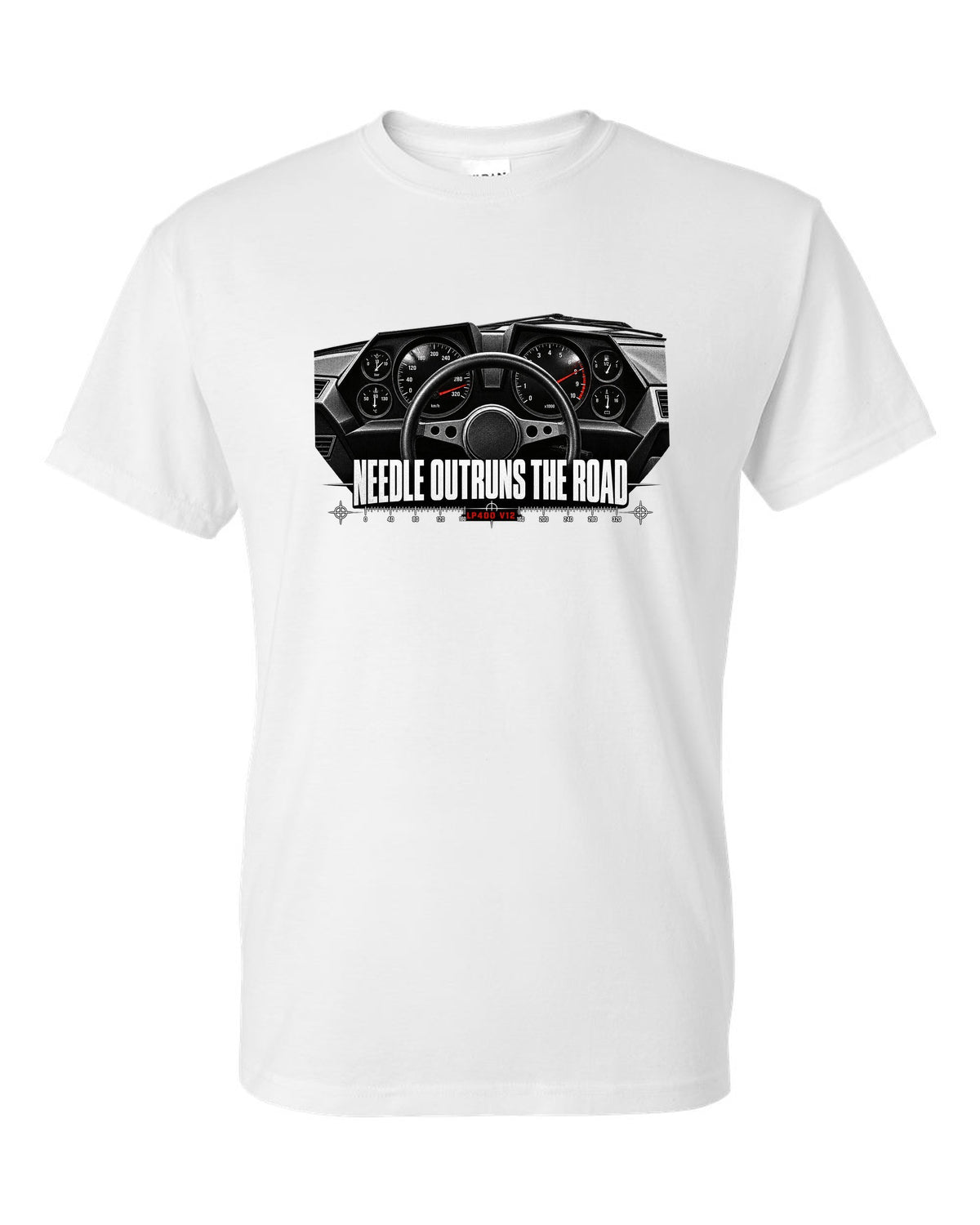 Cockpit gauge print of a Lamborghini Countach LP400 interior with needle outruns the road text white t-shirt front view with the design