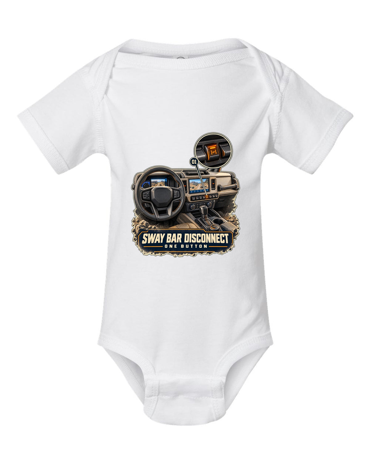 Ford Bronco Badlands dash with sway bar disconnect switch print white baby onesie front view with the design
