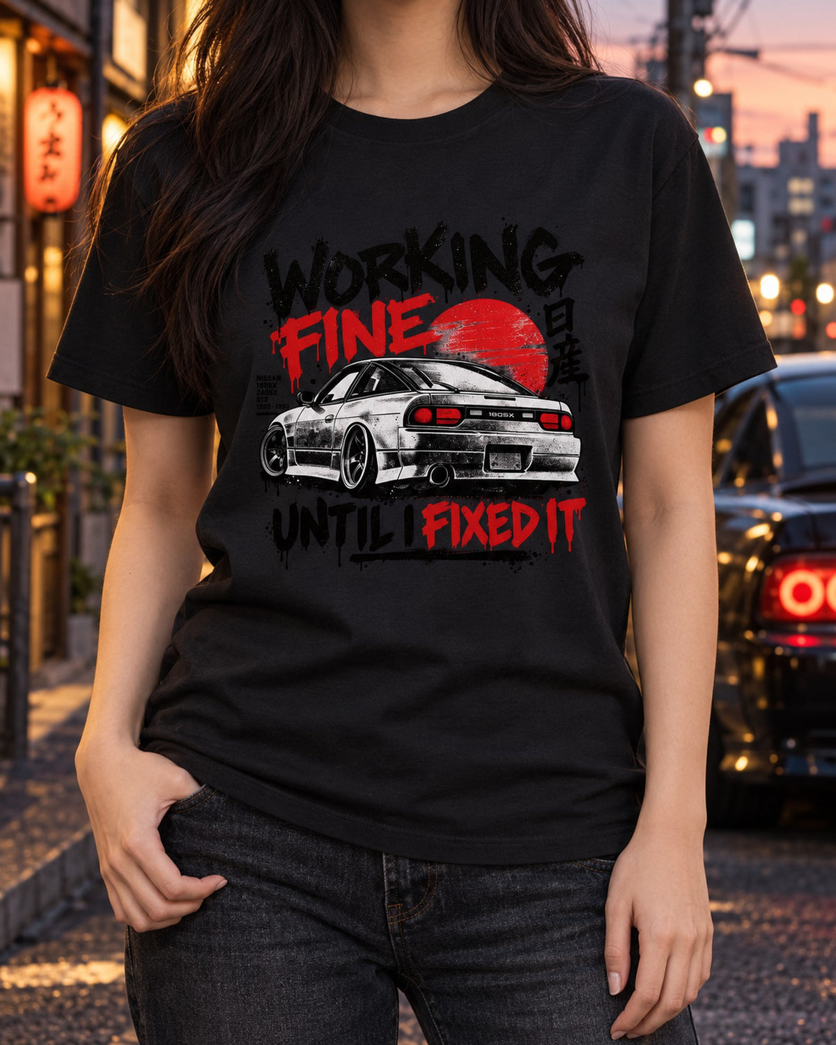 Nissan 180SX S13 Stencil Street Art Workshop Night Tee T-Shirt Black worn hero