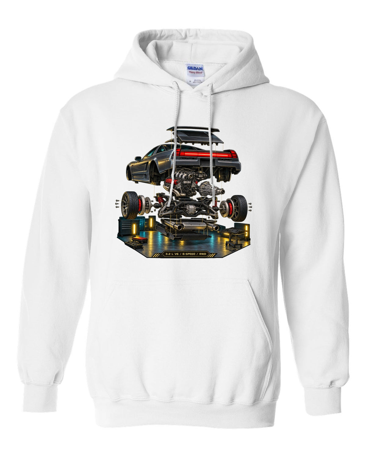 Isometric exploded diagram print of the Honda NSX NA2 with 3.2 L V6 6-speed RWD text white pull over hoodie front view with the design