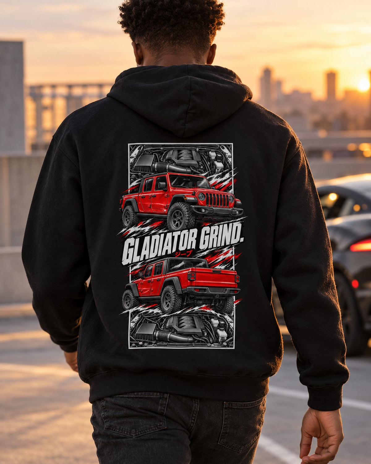 Jeep Gladiator Torn Poster Full-Back Graphic Tee Pull Over Hoodie Black worn hero