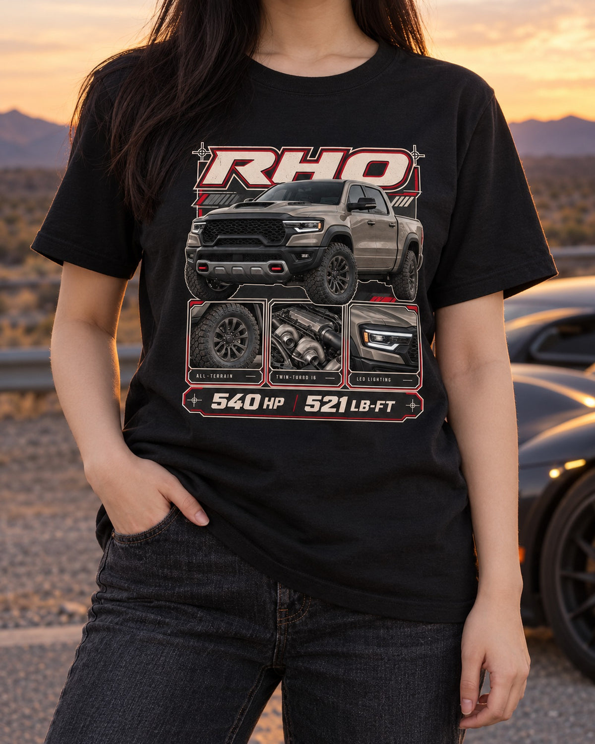 Ram 1500 RHO Dossier Panels Shirt, 540 HP 521 LB-FT T-Shirt Black worn hero