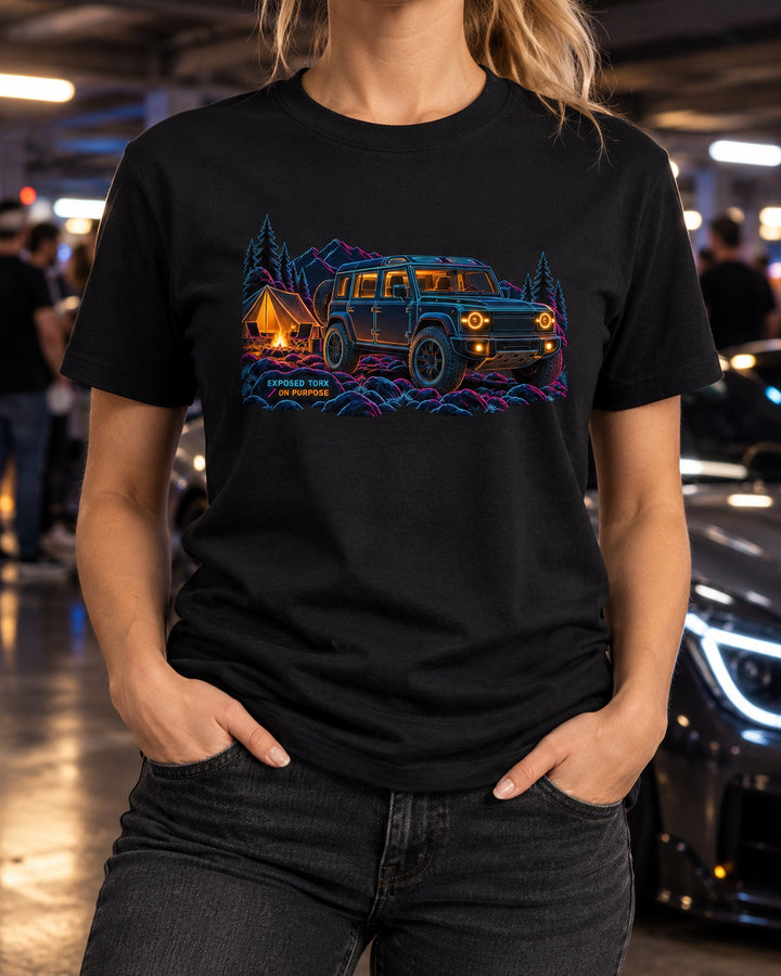 Land Rover Defender L663 110 Neon Night Camp Line Art Tee T-Shirt Black worn hero