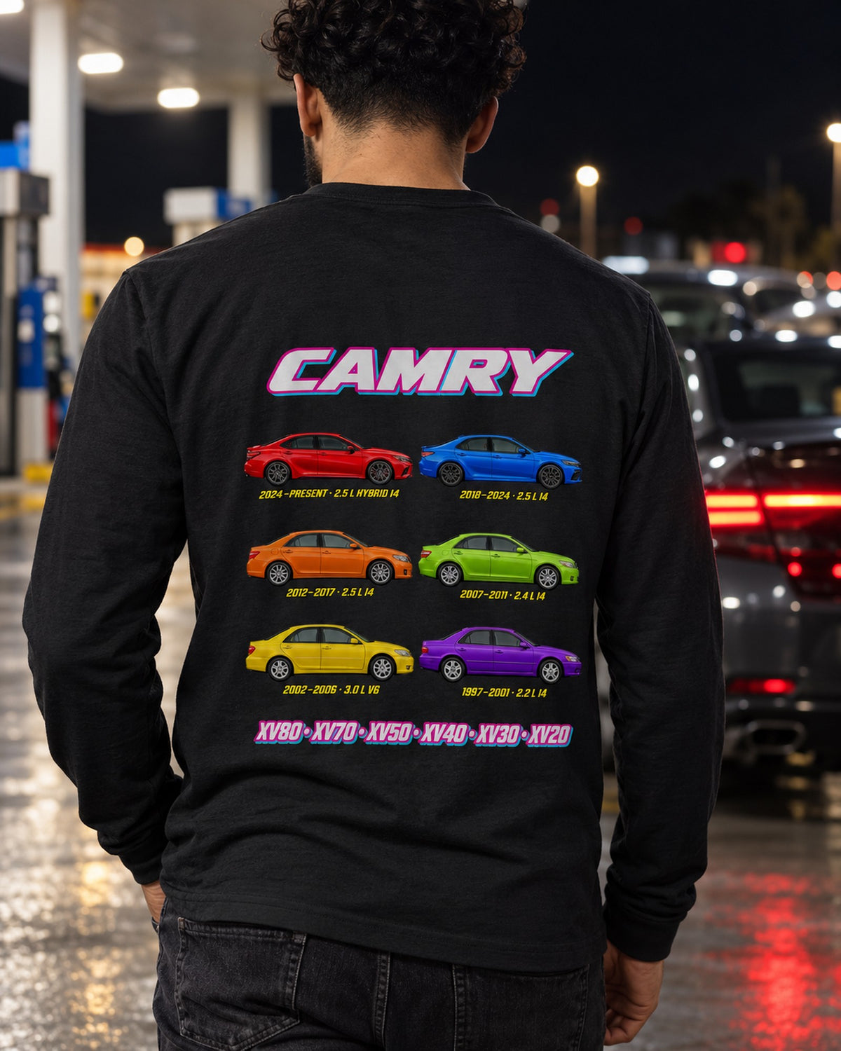 Toyota Camry Evolution Poster Full-Back Graphic Tee Long Sleeve Black worn hero