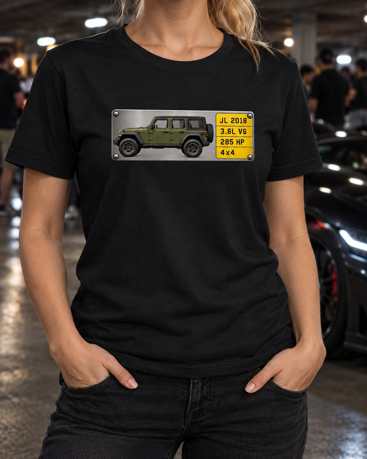 Jeep Wrangler JL Unlimited 3.6L V6 285 HP Spec Plate Tee T-Shirt Black worn hero