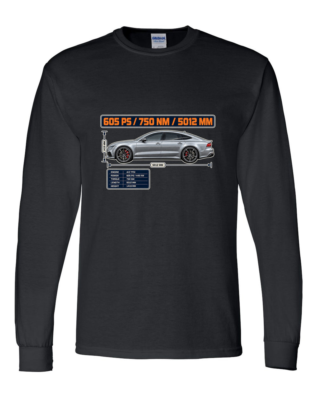 Audi RS7 Sportback performance C7 spec poster print black long sleeve front view with the design