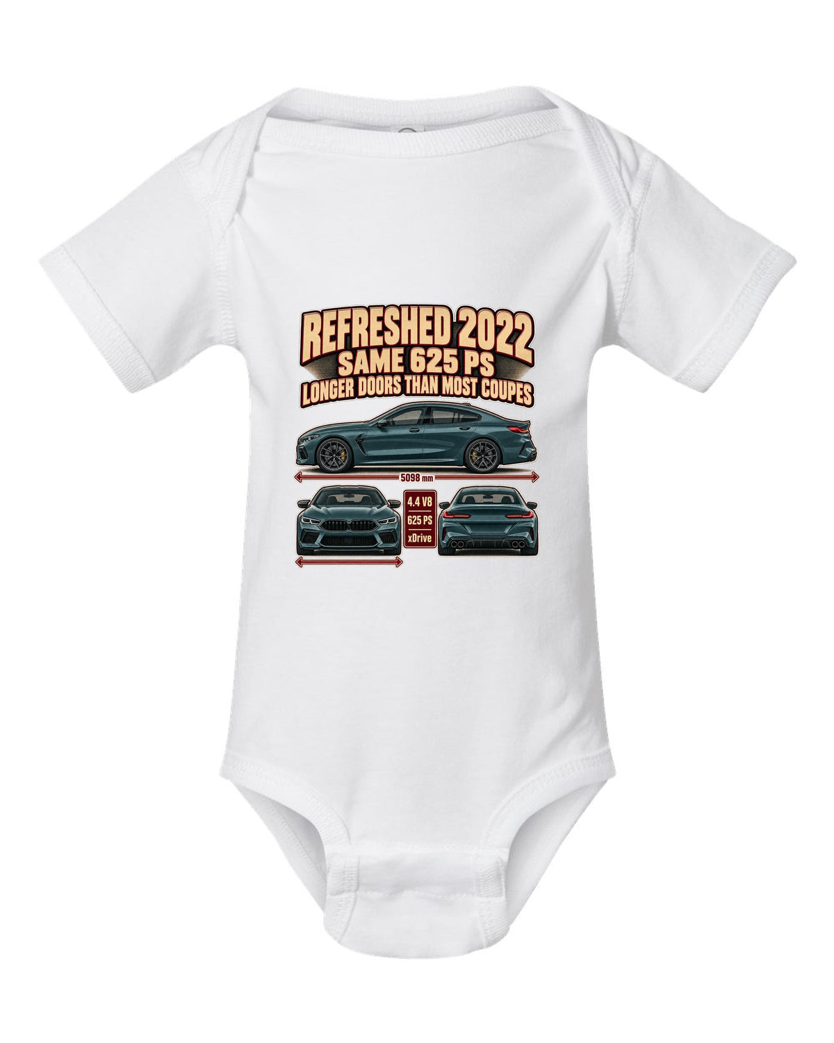 BMW M8 Competition Gran Coupe F93 2022 three-view print on a tee white baby onesie front view with the design