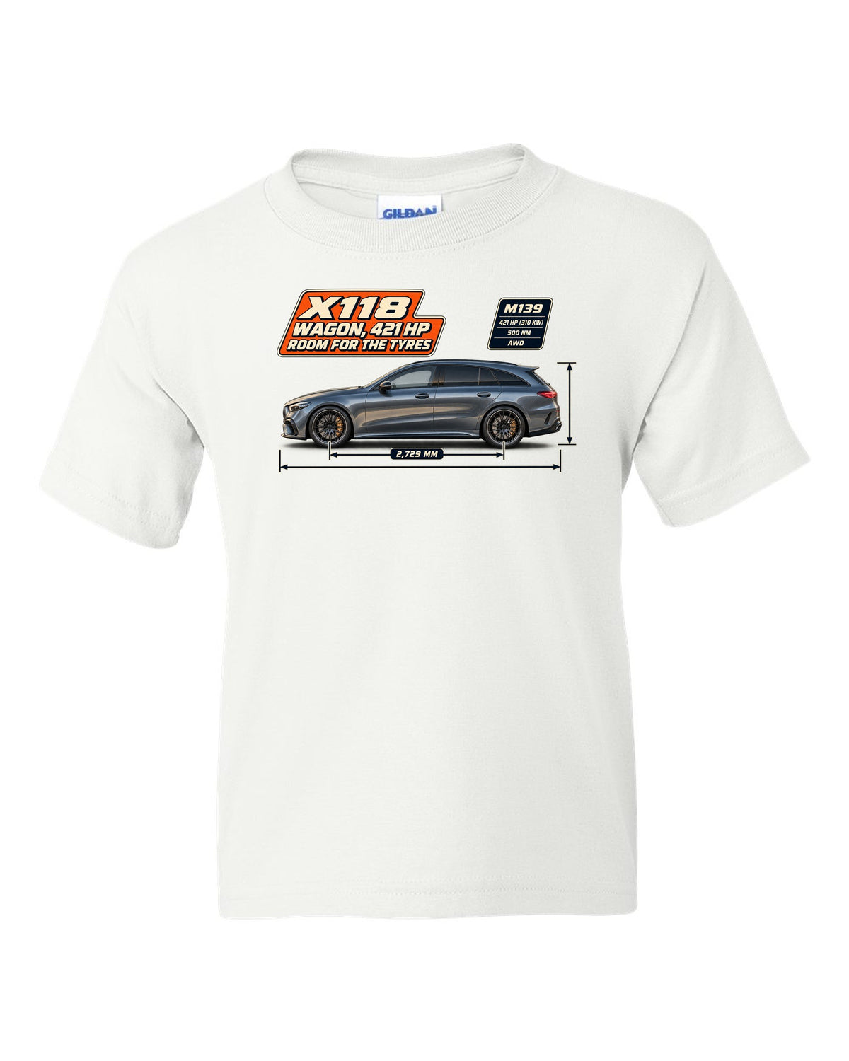 Mercedes-AMG CLA 45 S Shooting Brake X118 wagon spec poster print white kids tee front view with the design