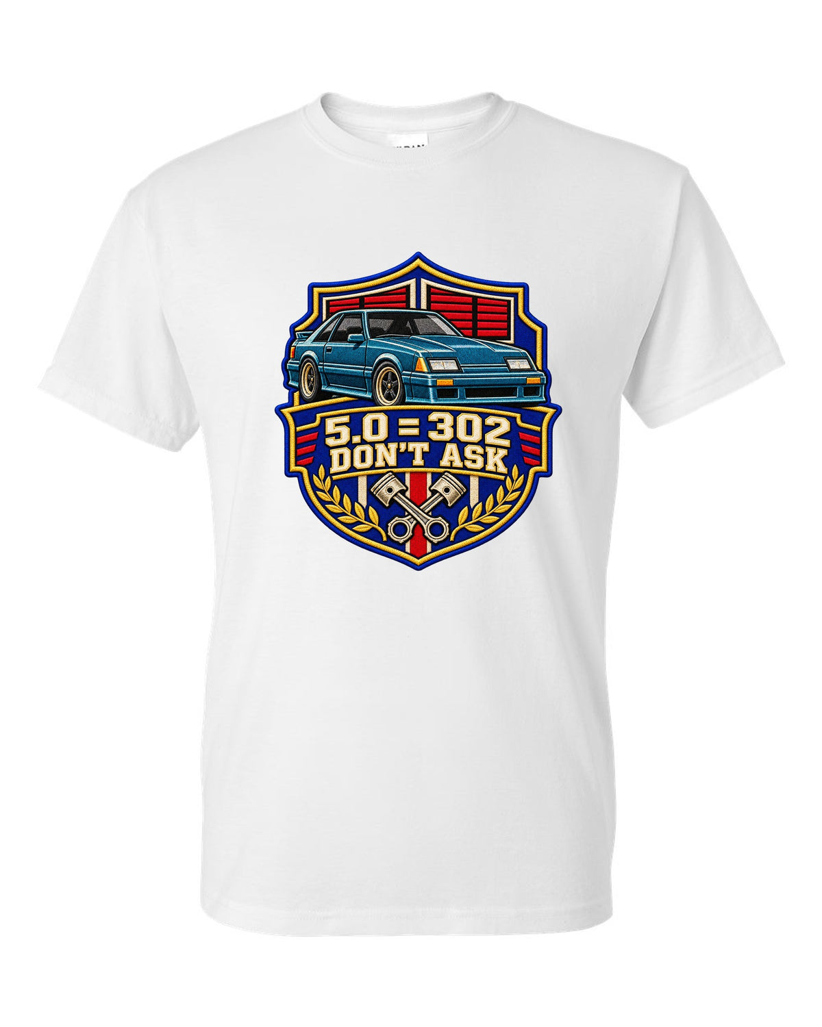 Embroidery-style varsity drag crest print for a Ford Mustang Fox Body chback white t-shirt front view with the design