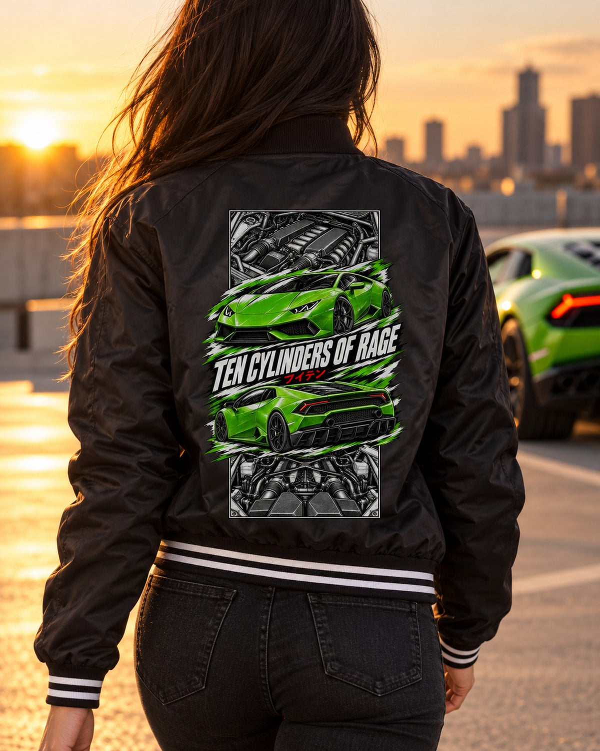 Lamborghini Huracan Torn Poster Full-Back Graphic Tee Bomber Jacket Black worn hero