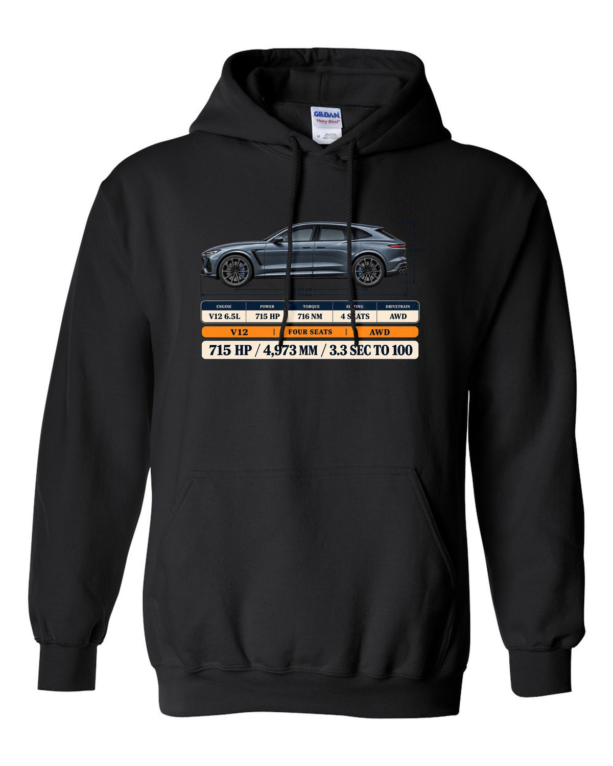 Spec poster print of the Ferrari Purosangue with power and length figures black pull over hoodie front view with the design
