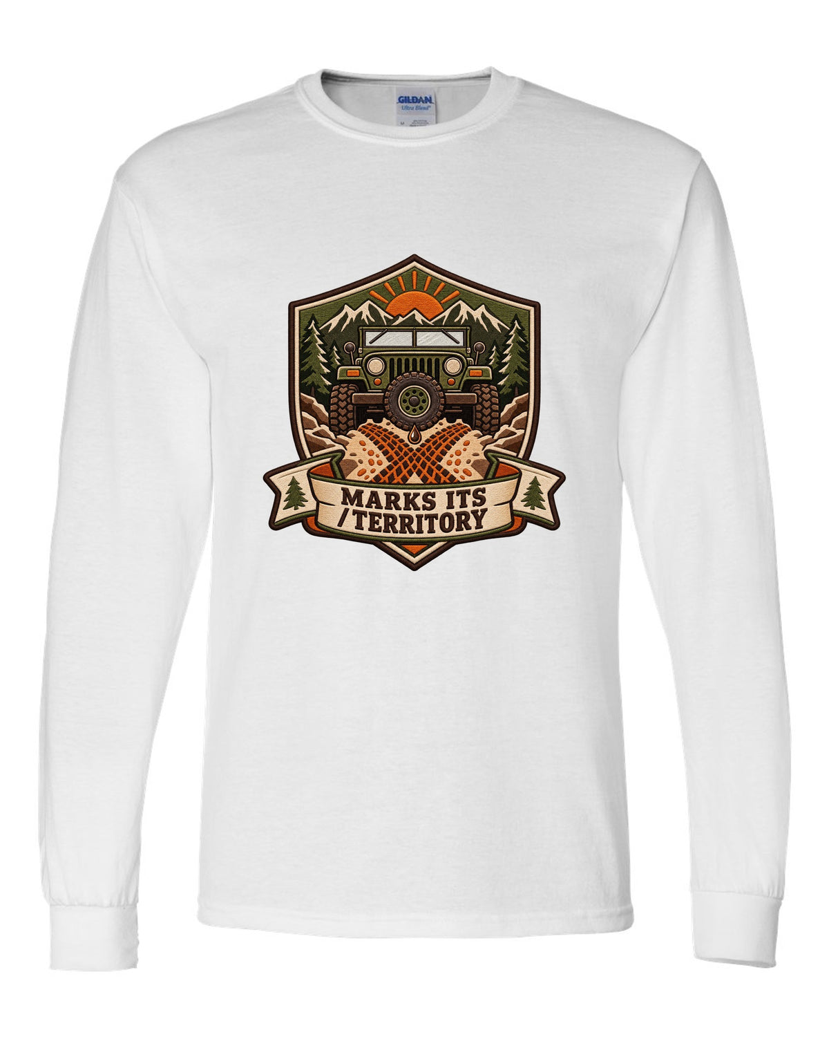 Expedition badge crest of a Toyota Land Cruiser FJ40 with the words Marks Its Territory white long sleeve front view with the design