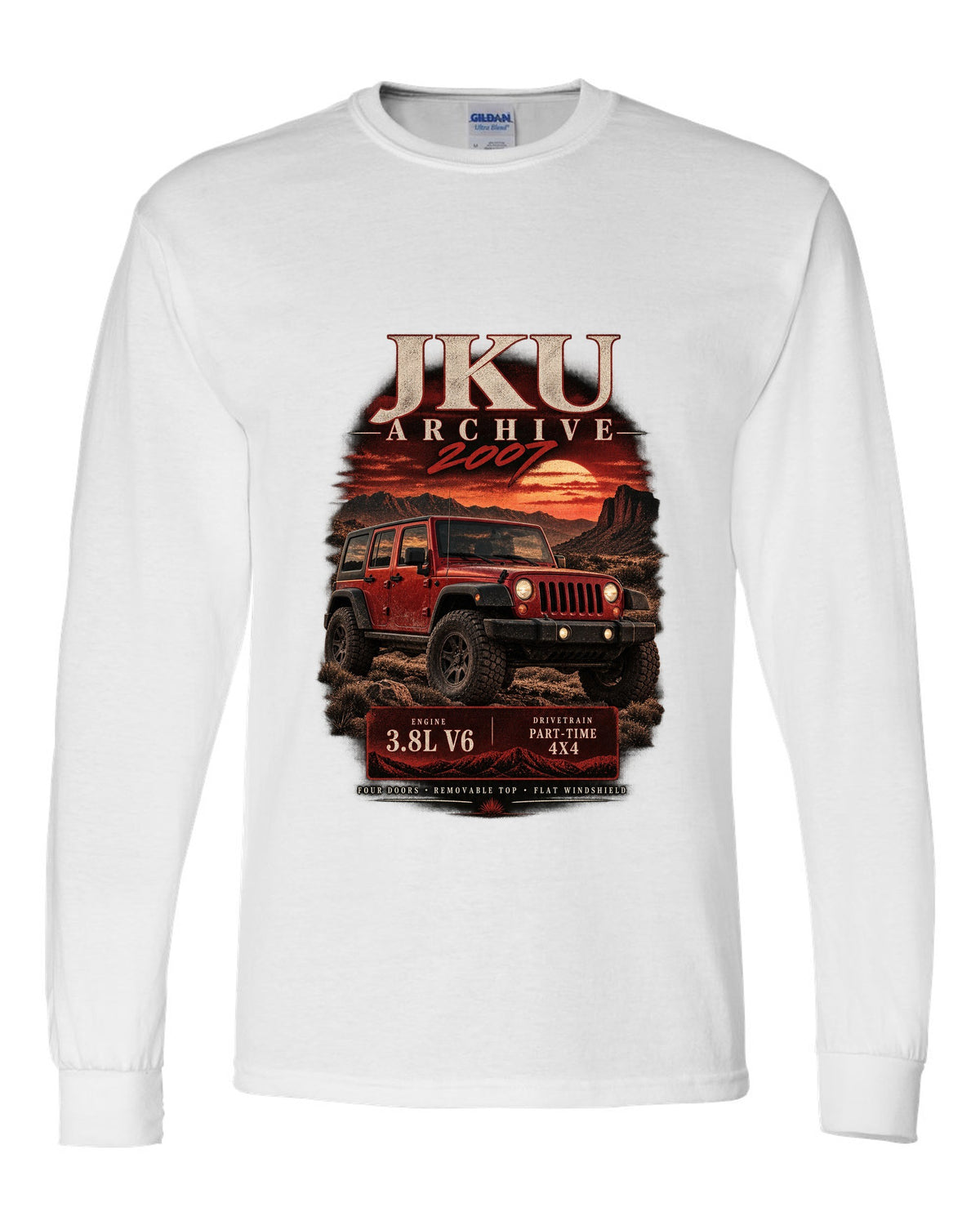Archive panel print for the 2007 Jeep Wrangler JKU, 3.8L V6 four-door white long sleeve front view with the design