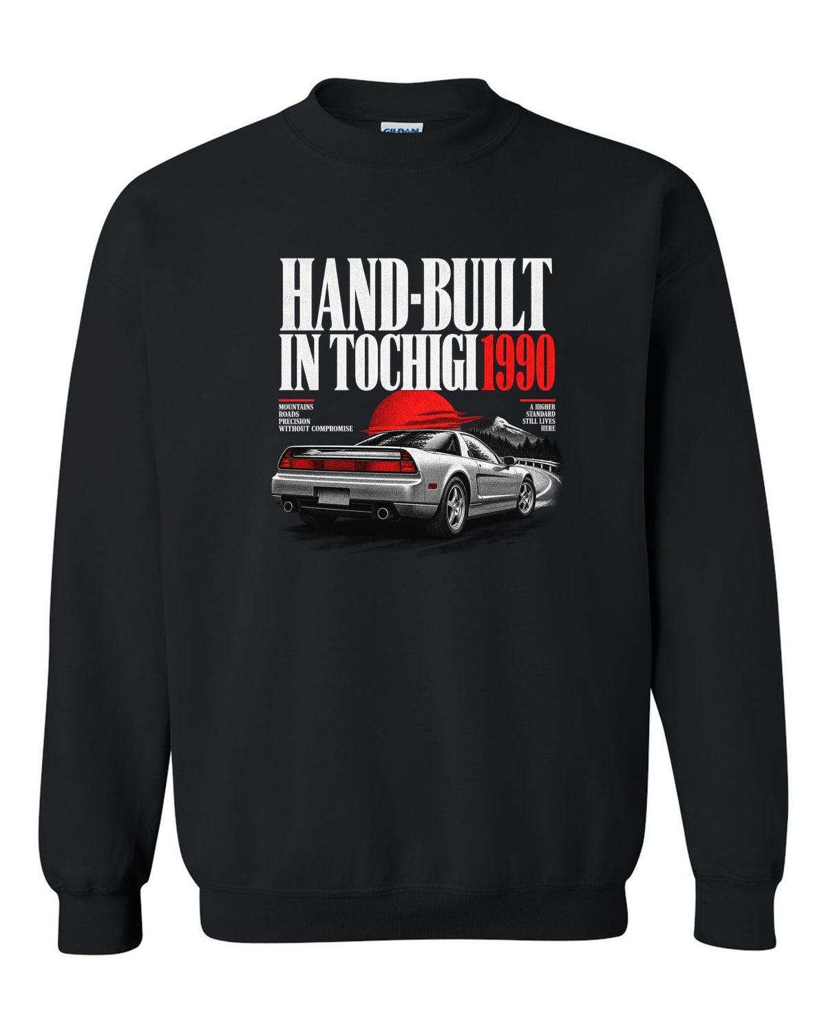 Honda NSX NA1 editorial headline design with hand-built in Tochigi 1990 text black crewneck front view with the design