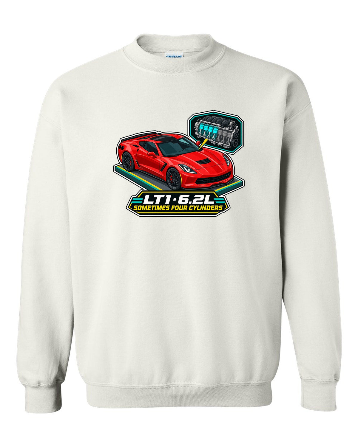 Art deco Le Mans night racing poster print of a yellow Chevrolet Corvette C8.R with LT1 6.2L lettering white crewneck front view with the design