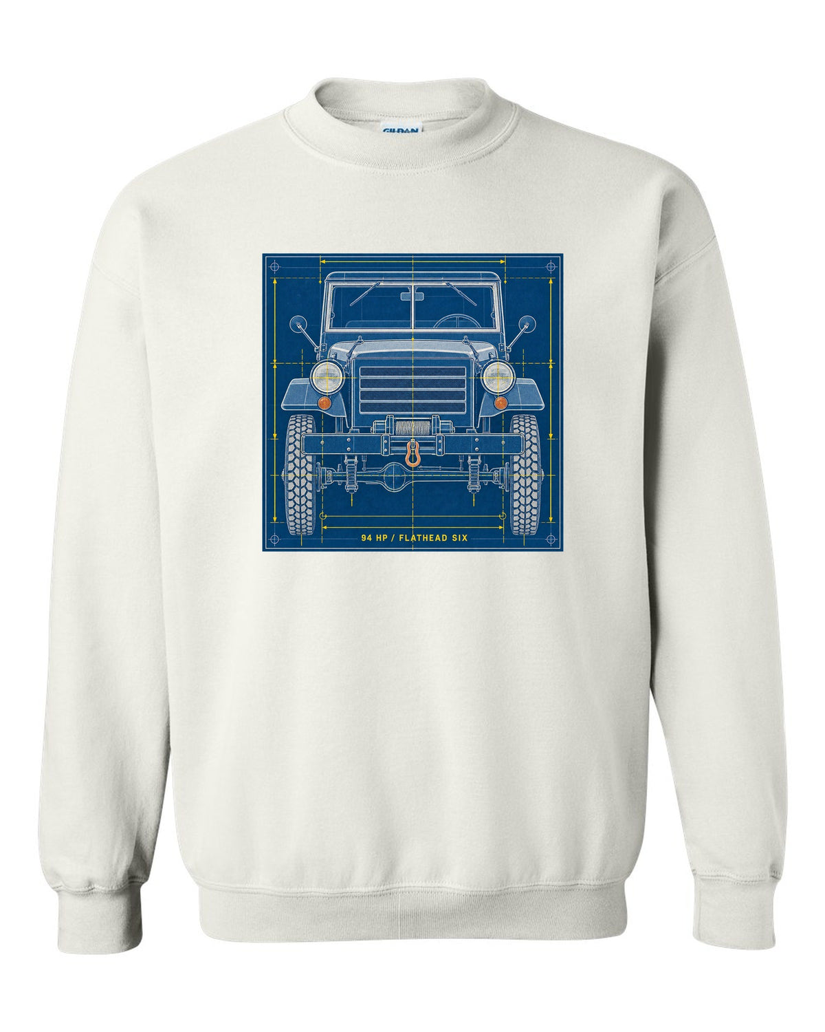 Cyanotype negative-style print of a Dodge Power Wagon WM300 grille with 94 HP flathead six text white crewneck front view with the design