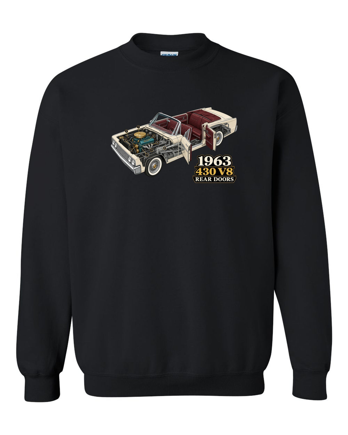 1963 Lincoln Continental four-door convertible isometric cutaway diagram black crewneck front view with the design