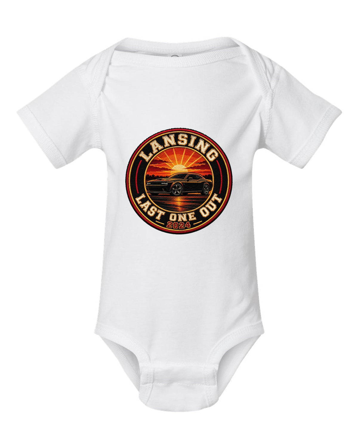 2023 Chevrolet Camaro varsity crest print reading Lansing Last One Out 2024 white baby onesie front view with the design