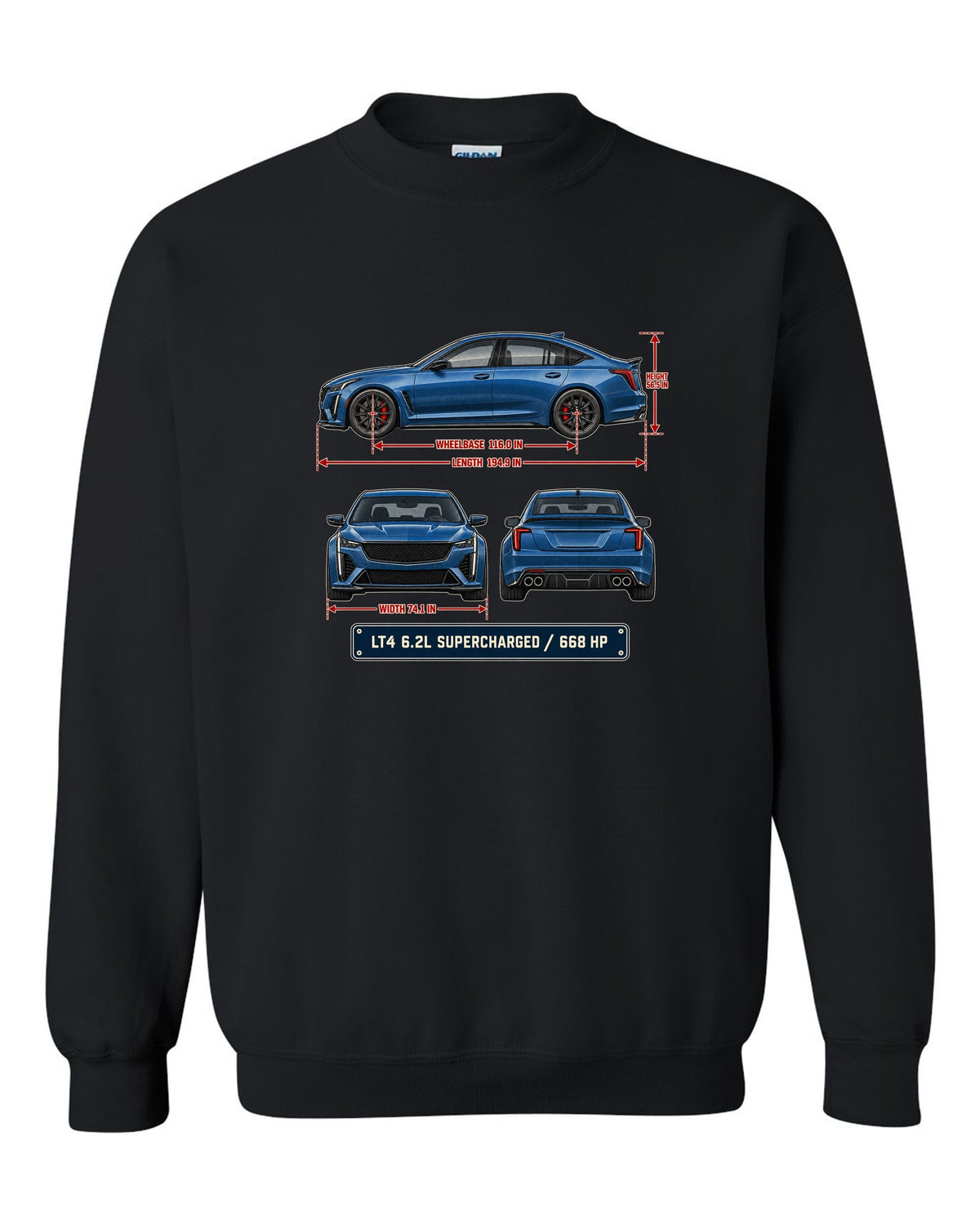 Dimension blueprint print of a Cadillac CT5-V Blackwing sedan black crewneck front view with the design