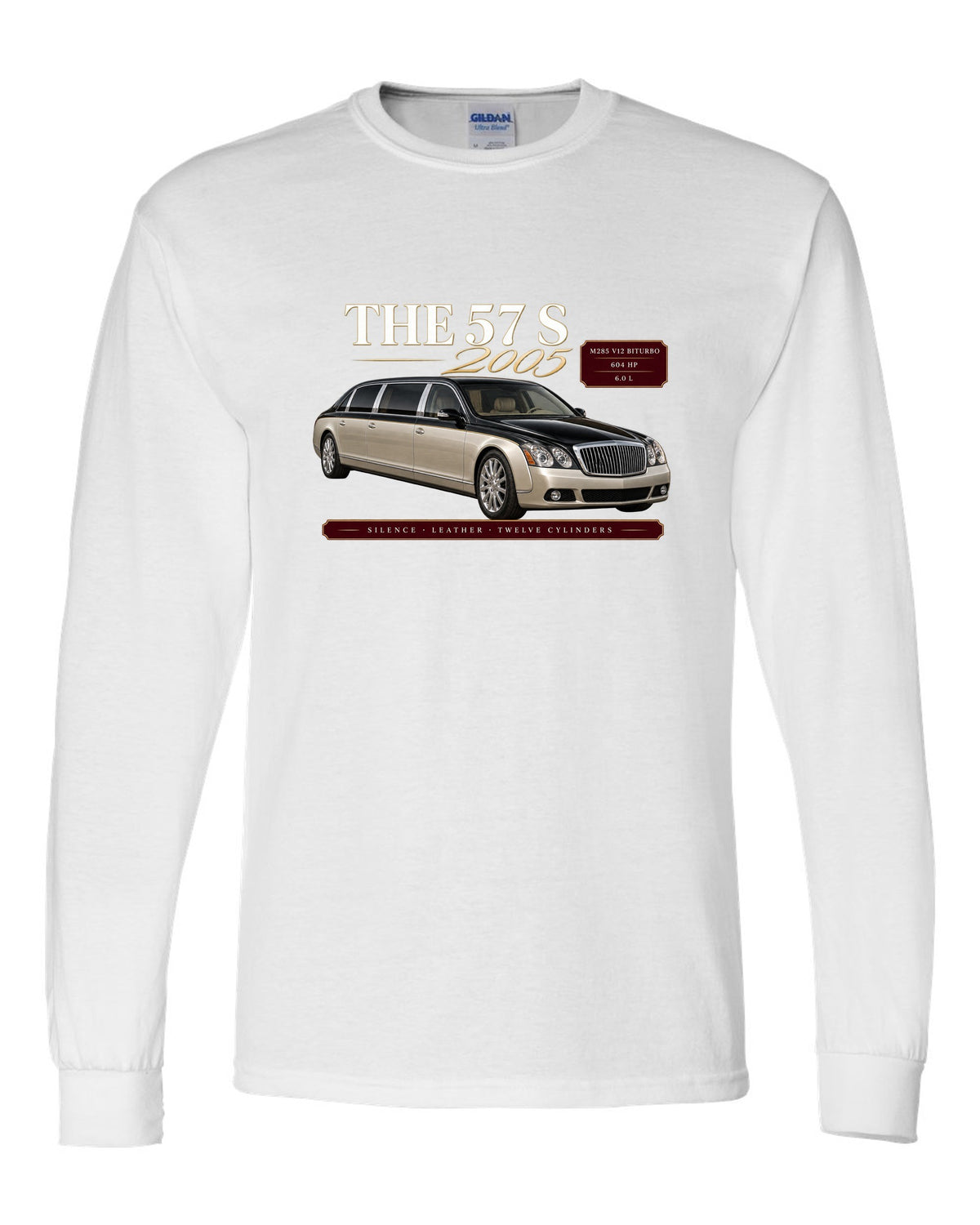 print archive panel of a Maybach 57 S W240 with text silence, leather, twelve cylinders white long sleeve front view with the design