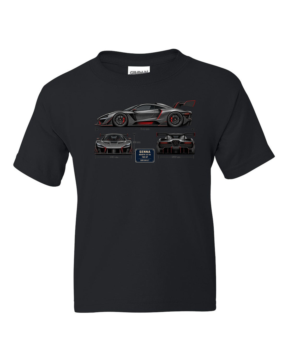 Three-view and spec table print of a McLaren Senna in graphite and red black kids tee front view with the design