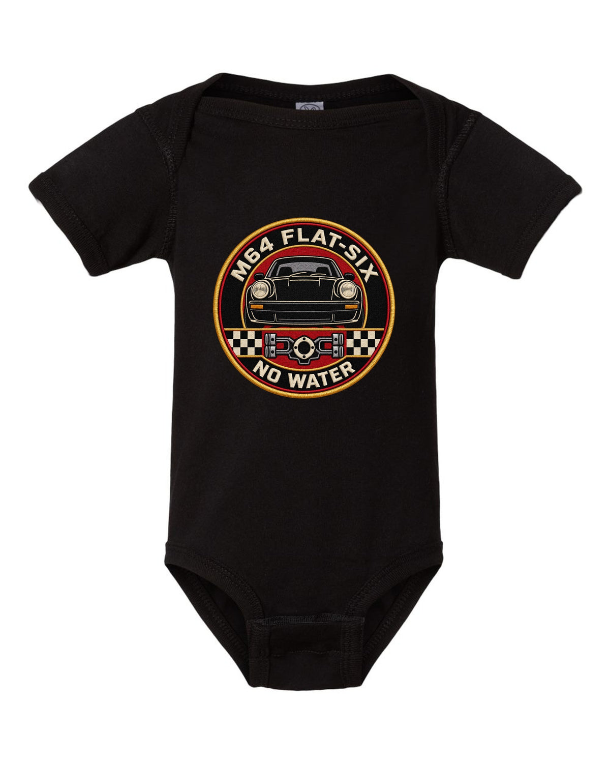 Round embroidery-style crest print for the Porsche 911 Turbo 964 with M64 flat-six no water lettering black baby onesie front view with the design