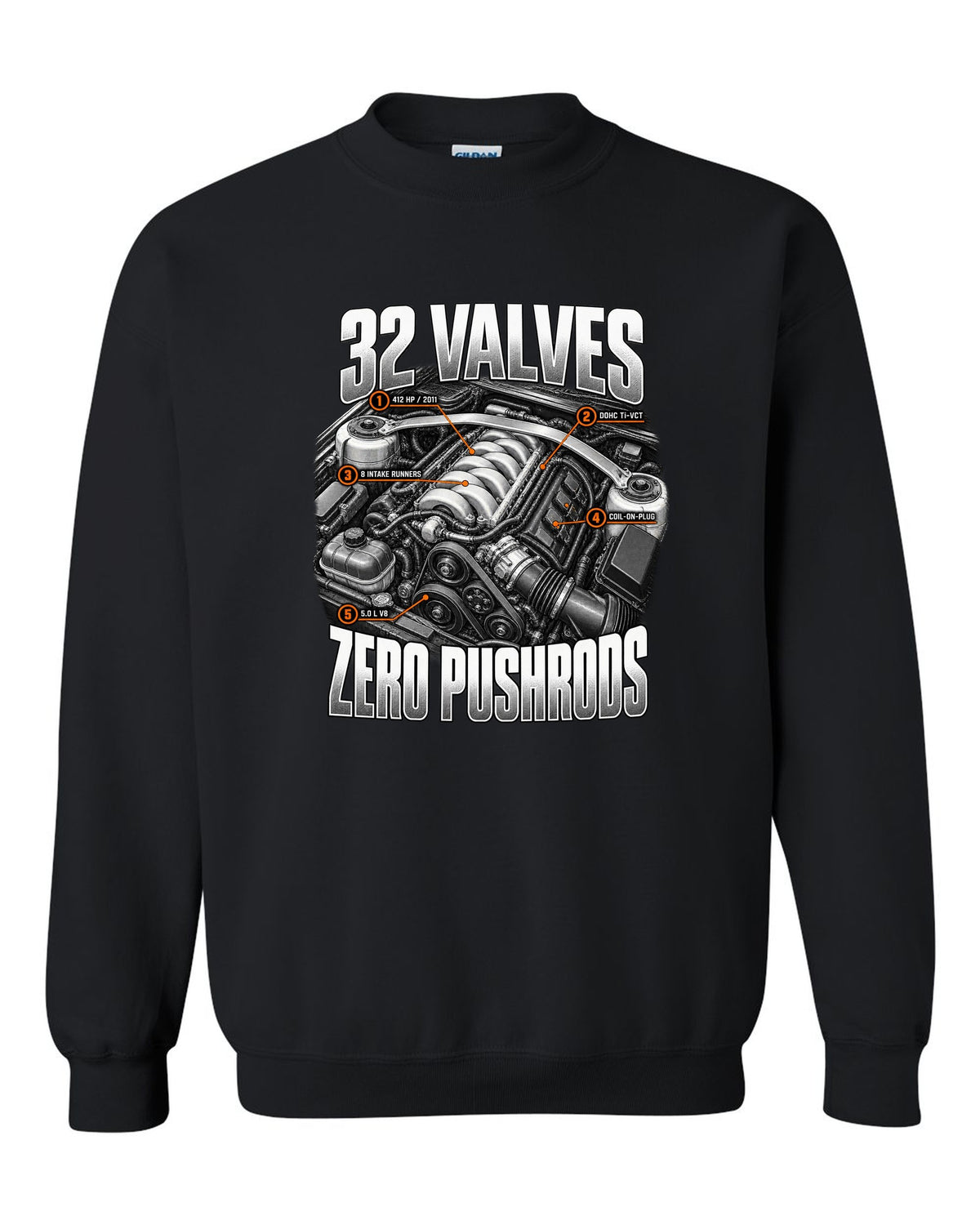 Engine hero print of a Ford Mustang S197 GT 5.0 Coyote engine, 2011-14 black crewneck front view with the design