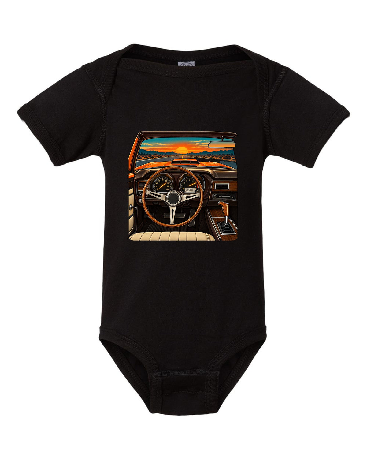 Retro dashboard illustration of a 1971 Dodge Charger Super Bee with six pack carb caption black baby onesie front view with the design