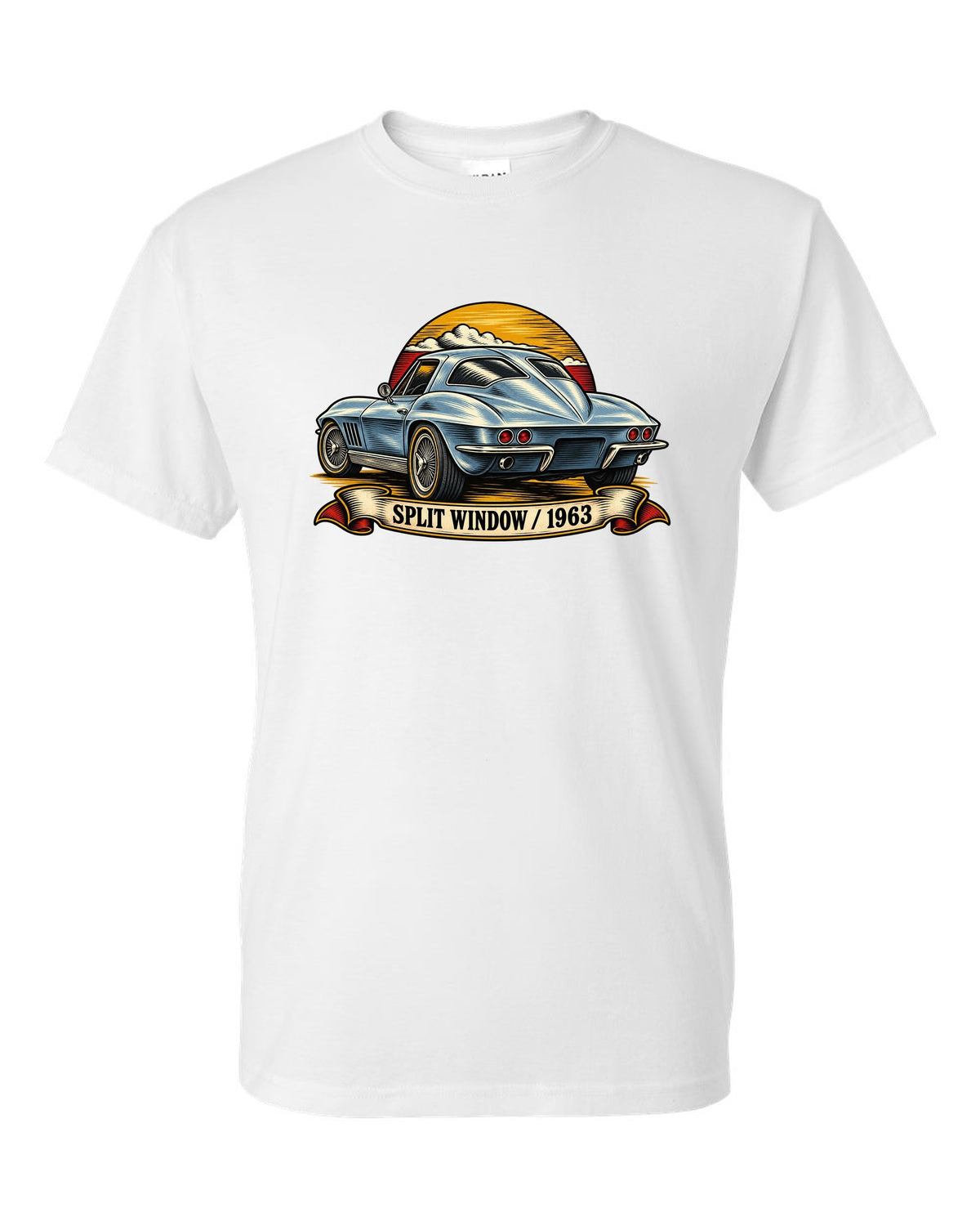 Woodcut linocut rear view print of the 1963 Corvette C2 Sting Ray split-window coupe white t-shirt front view with the design