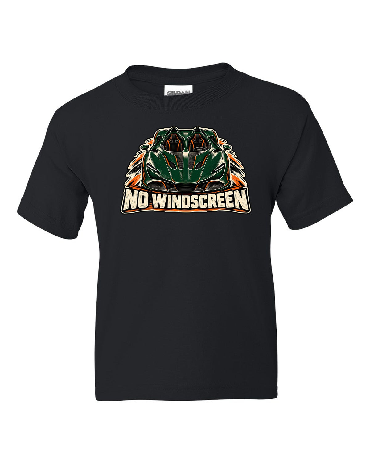 McLaren Elva linocut print with accent colour and NO WINDSCREEN lettering black kids tee front view with the design