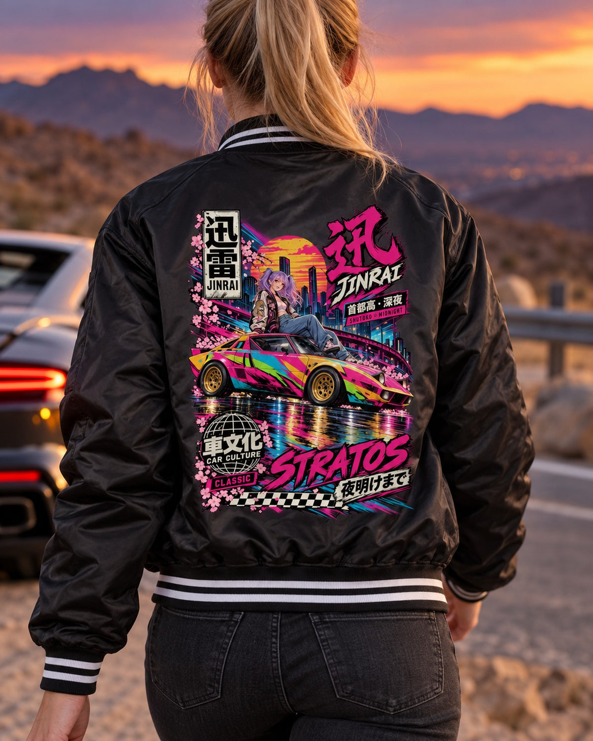JINRAI STRATOS Anime Girl Full-Back Graphic Tee Bomber Jacket Black worn hero