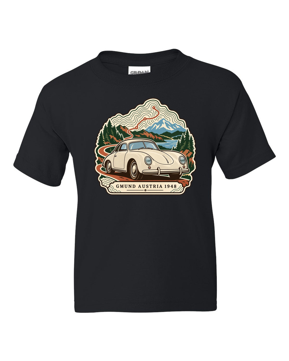Topographic contour map design marking Gmund Austria 1948 for the Porsche 356 black kids tee front view with the design